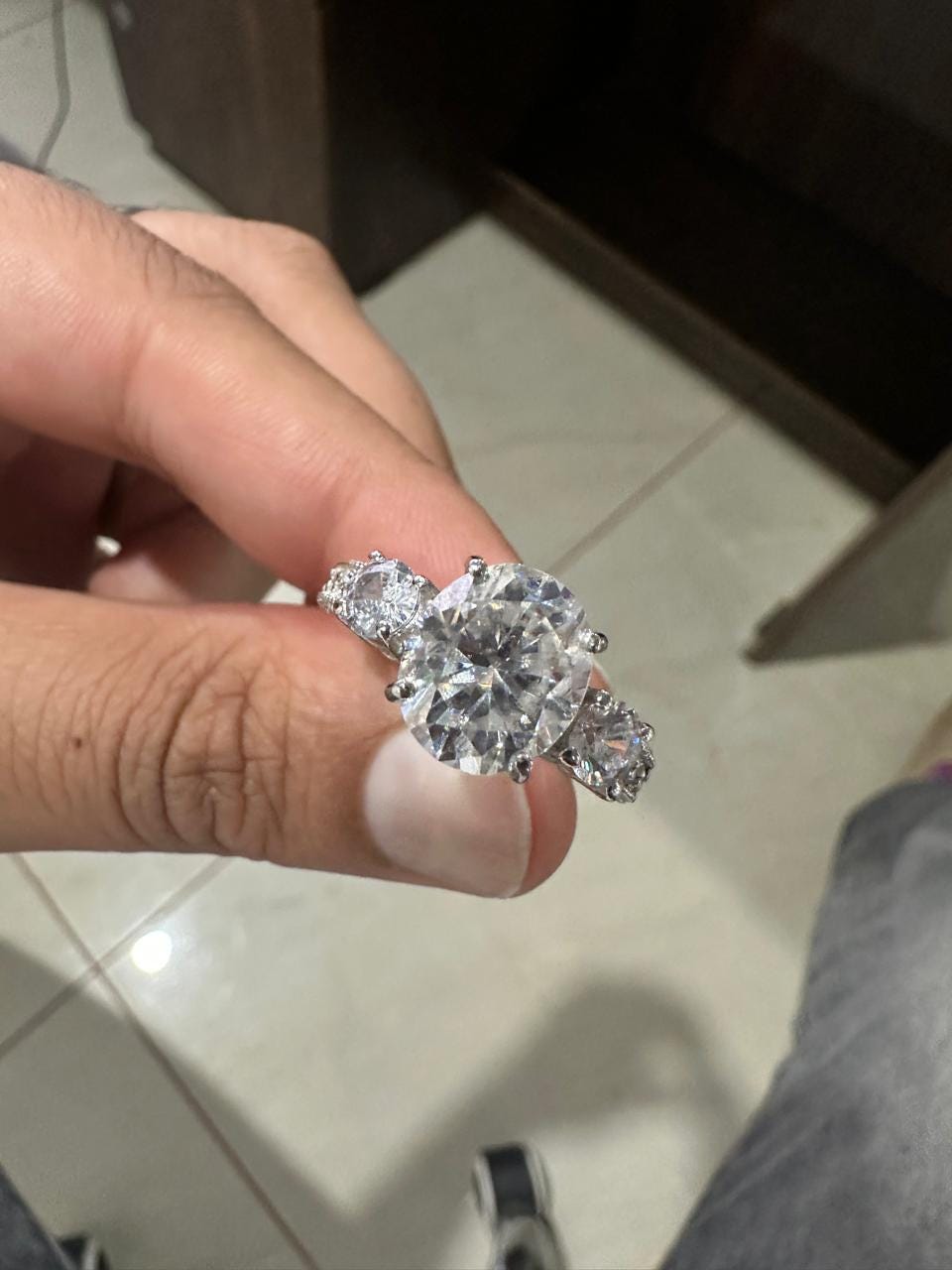 Oval Cut Moissanite Engagement Ring, 5 Carat, 14K White Gold Three Stone Ring