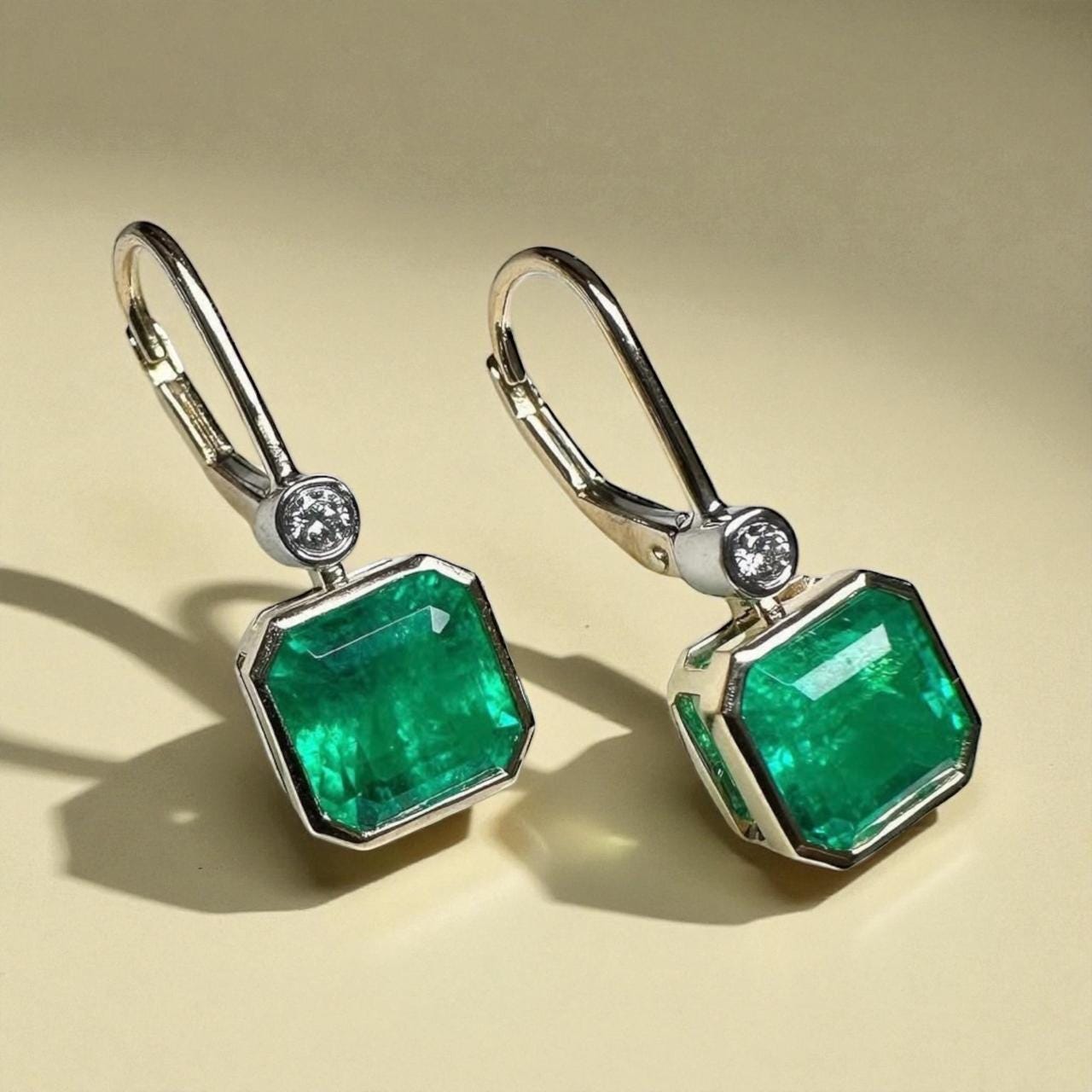 14K Gold Emerald Diamond Lever Back Earrings, Rare Gemstone Earrings