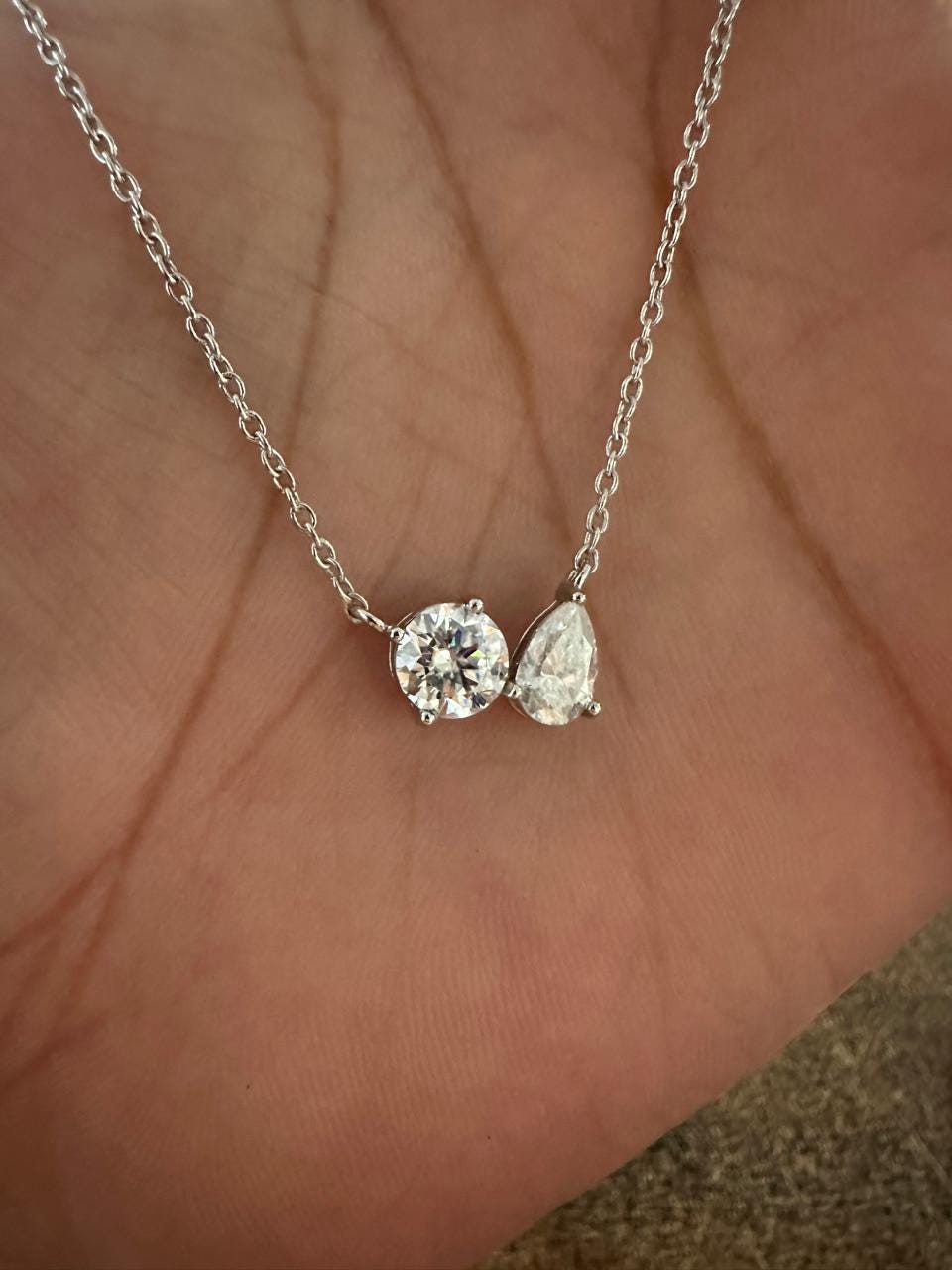 Toi et Moi Moissanite Necklace: Round Pear Solitaire for her, Sterling Silver Pendant