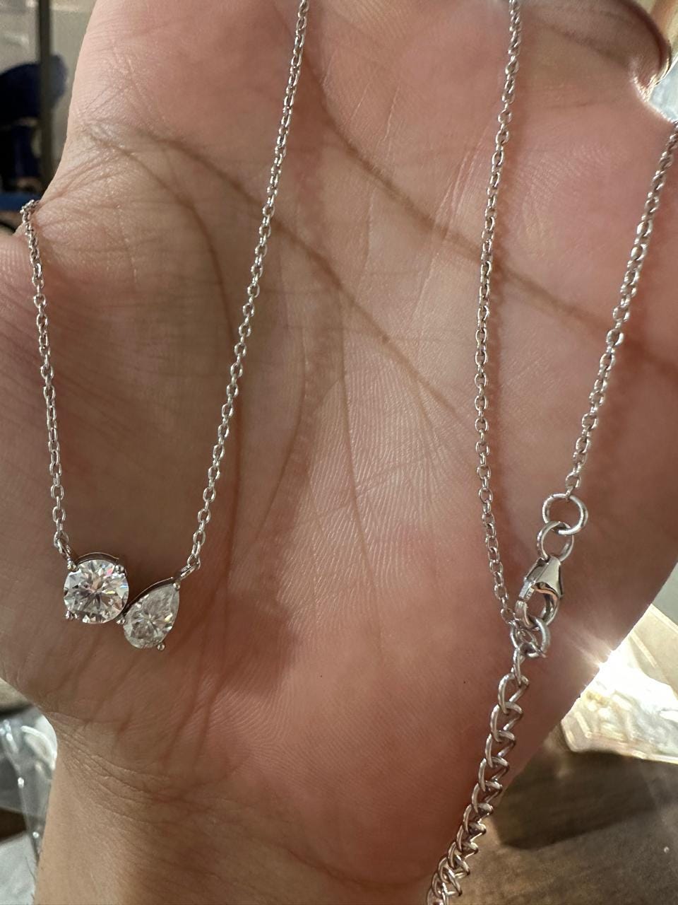 Toi et Moi Moissanite Necklace: Round Pear Solitaire for her, Sterling Silver Pendant