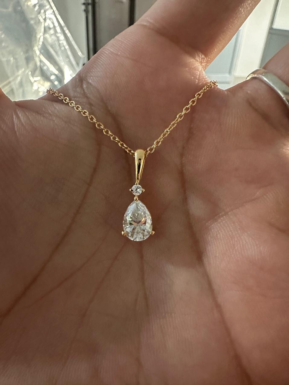 Pear Moissanite Teardrop Pendant Necklace, 14K Yellow Gold Solitaire, Elegant Fine Jewelry