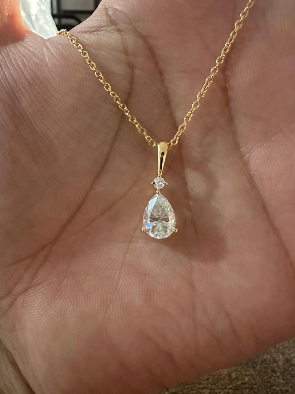 Pear Moissanite Teardrop Pendant Necklace, 14K Yellow Gold Solitaire, Elegant Fine Jewelry