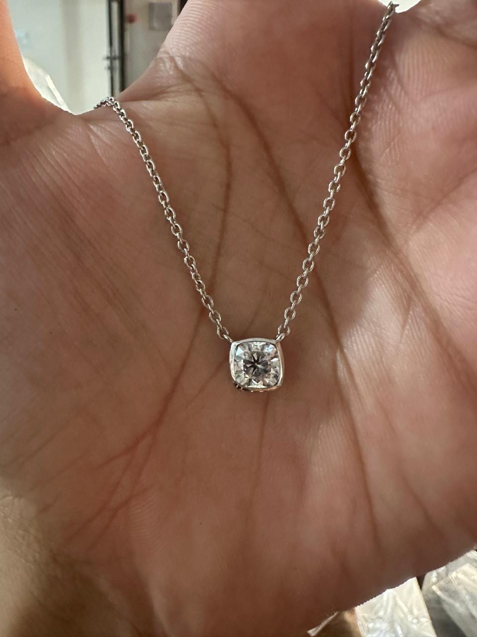 Moissanite Cushion Bezel Set Pendant Necklace: 14K Gold Vermeil, Romantic Jewelry