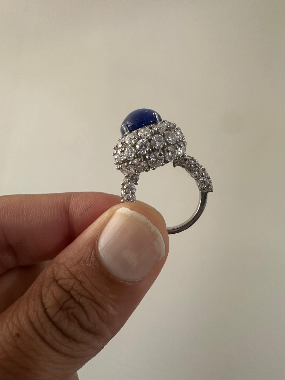 Lab-Grown Royal Blue Sapphire Halo Ring: 14K White Gold Statement Cocktail Ring