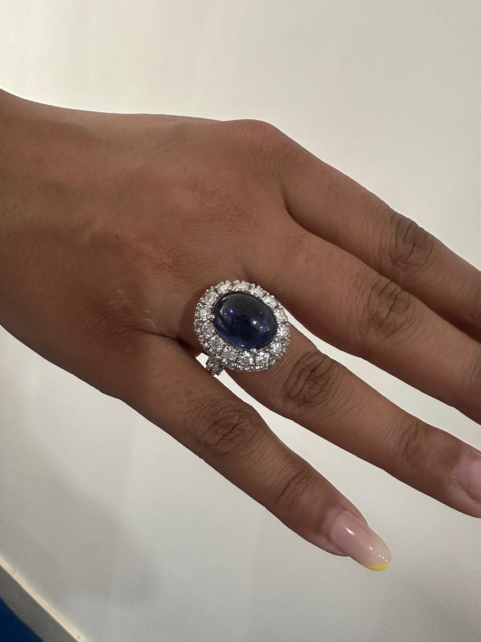 Lab-Grown Royal Blue Sapphire Halo Ring: 14K White Gold Statement Cocktail Ring