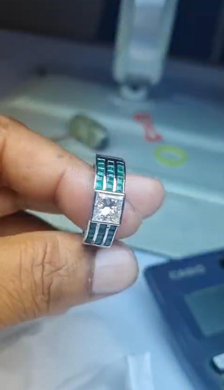 Men's Lab Diamond & Emerald Ring: 14K White Gold Anniversary Band