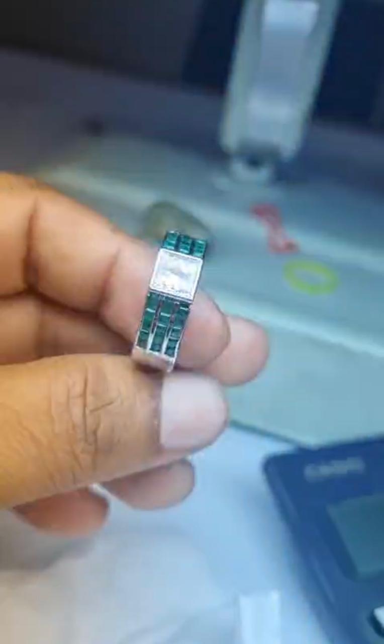 Men's Lab Diamond & Emerald Ring: 14K White Gold Anniversary Band