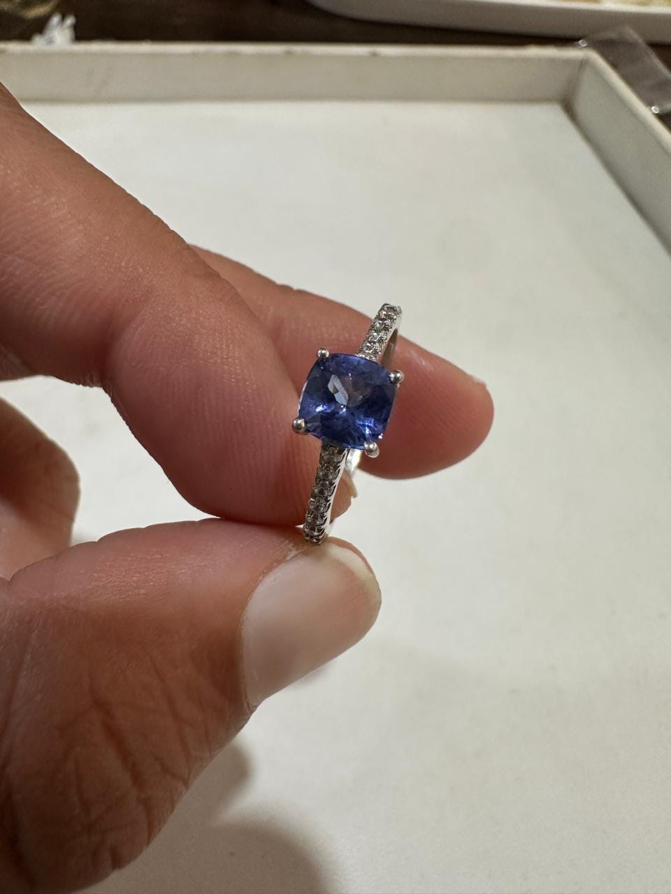 1 CT Cushion Tanzanite Moissanite Ring | 14K White Gold Minimal Engagement Ring
