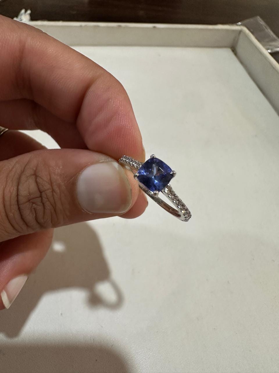 1 CT Cushion Tanzanite Moissanite Ring | 14K White Gold Minimal Engagement Ring