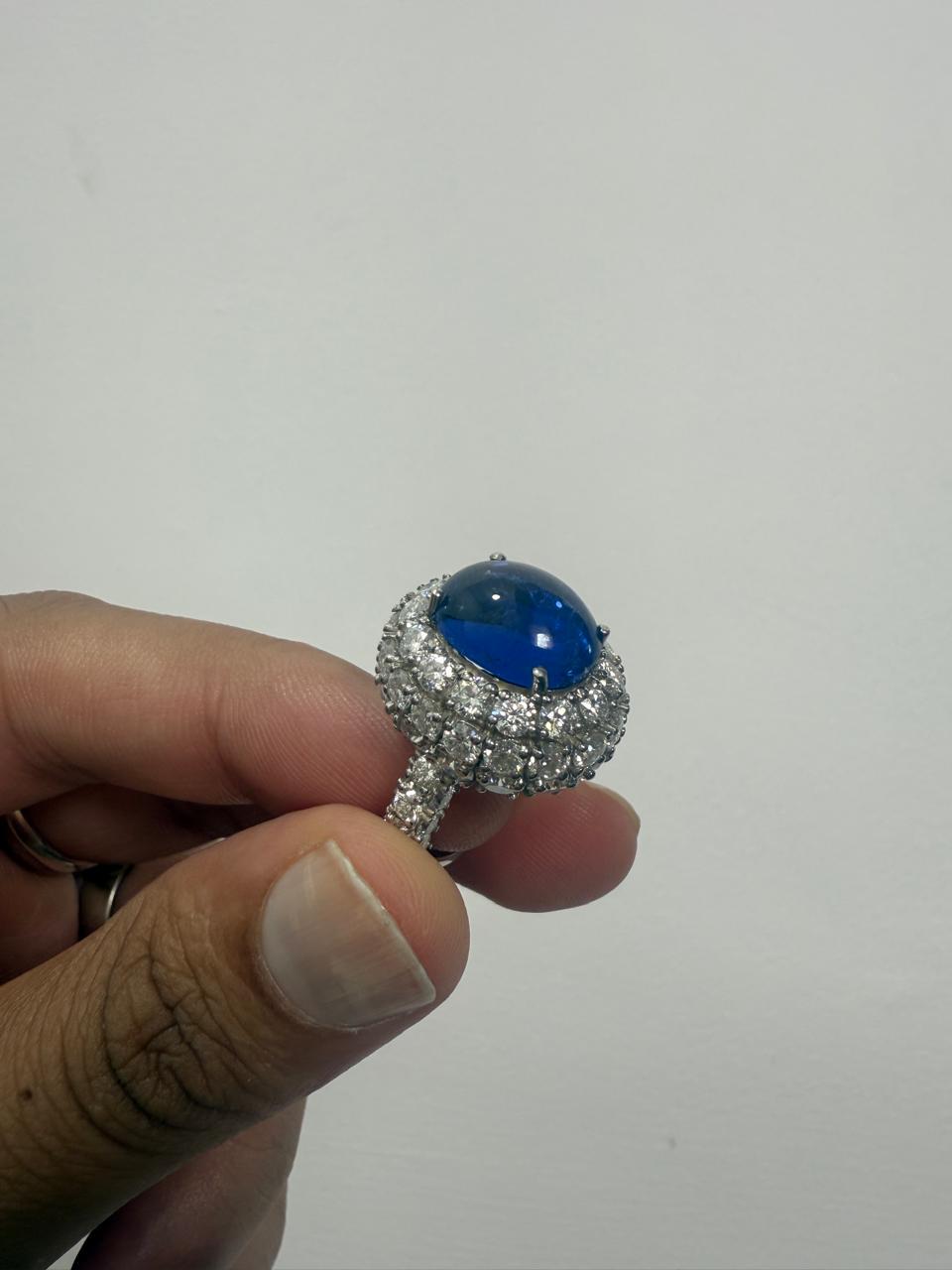 Lab-Grown Royal Blue Sapphire Halo Ring: 14K White Gold Statement Cocktail Ring