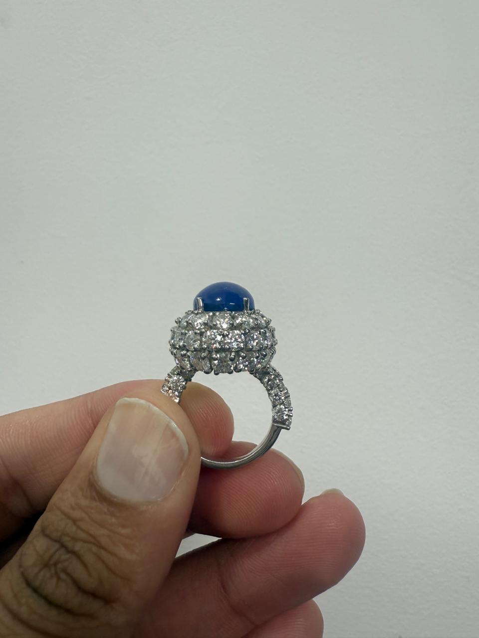 Lab-Grown Royal Blue Sapphire Halo Ring: 14K White Gold Statement Cocktail Ring