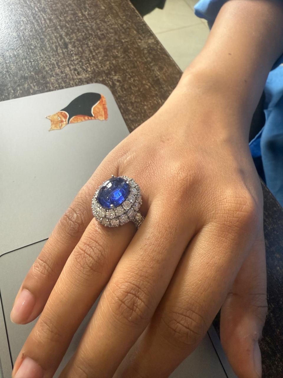 Lab-Grown Royal Blue Sapphire Halo Ring: 14K White Gold Statement Cocktail Ring