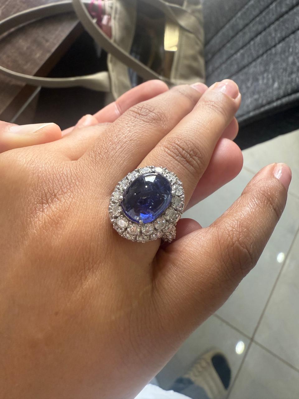 Lab-Grown Royal Blue Sapphire Halo Ring: 14K White Gold Statement Cocktail Ring