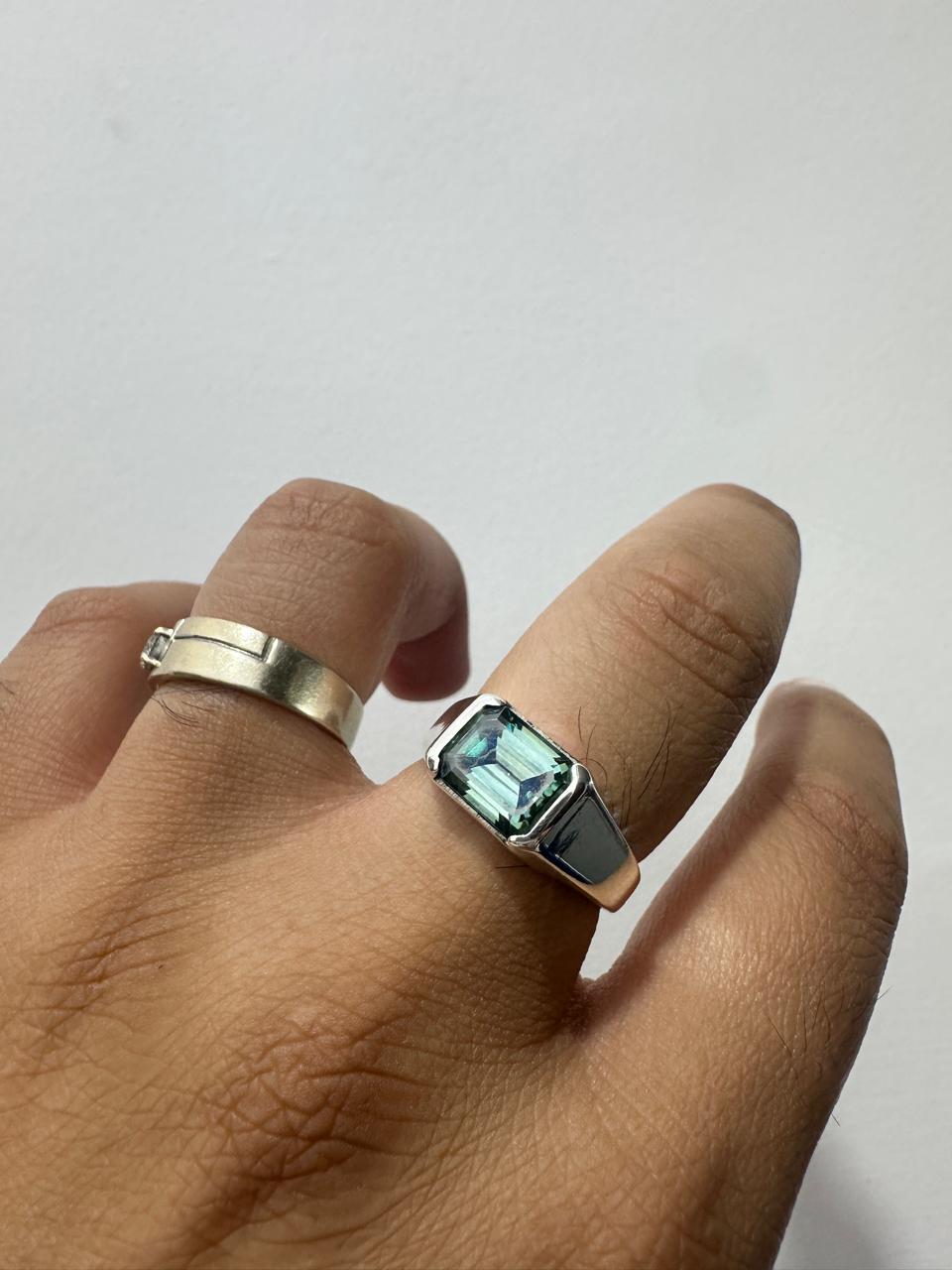 Men's Alexandrite Ring | 14K White Gold Half Bezel Statement Ring
