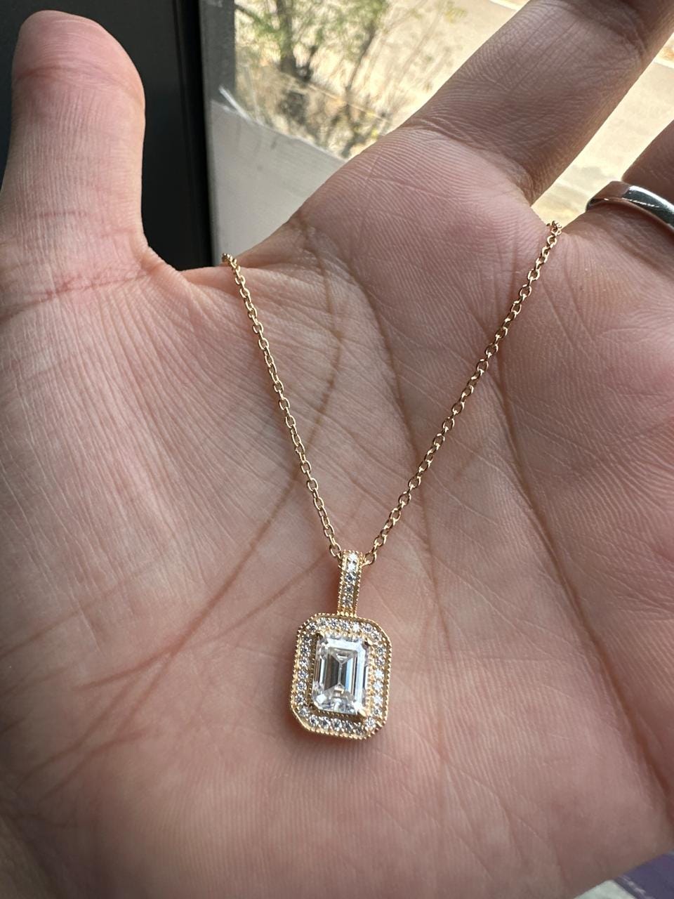 Emerald Cut Moissanite Halo Pendant Necklace, 14K Gold Vermeil, Vintage Style Necklace