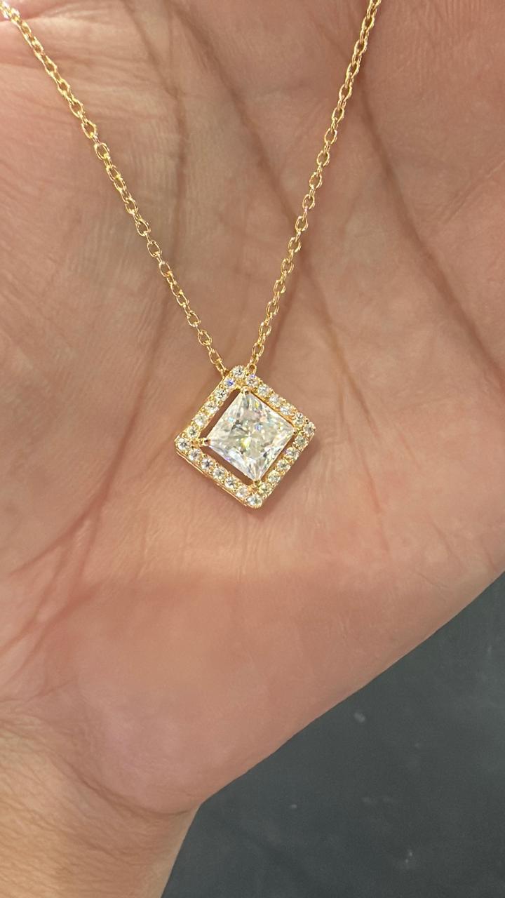Princess Cut Moissanite Halo Pendant Necklace, 14K Gold Vermeil Jewelry, Gift for Her