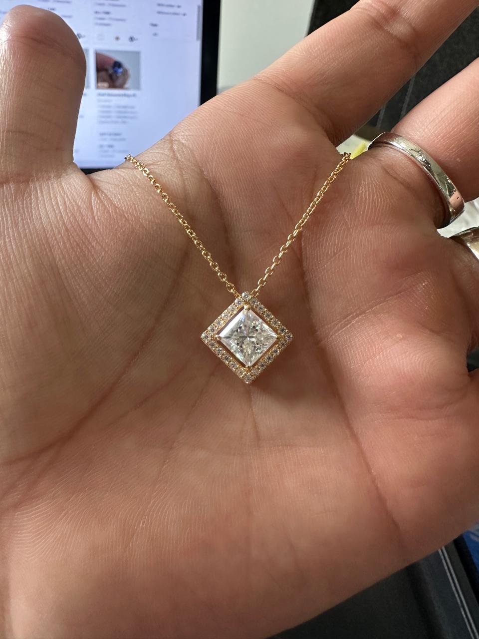 Princess Cut Moissanite Halo Pendant Necklace, 14K Gold Vermeil Jewelry, Gift for Her