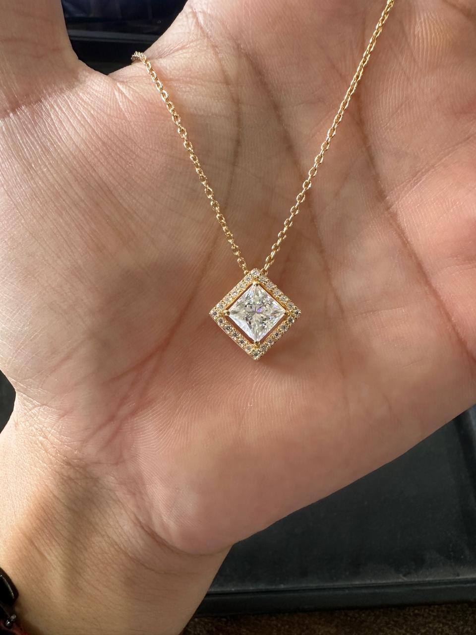 Princess Cut Moissanite Halo Pendant Necklace, 14K Gold Vermeil Jewelry, Gift for Her