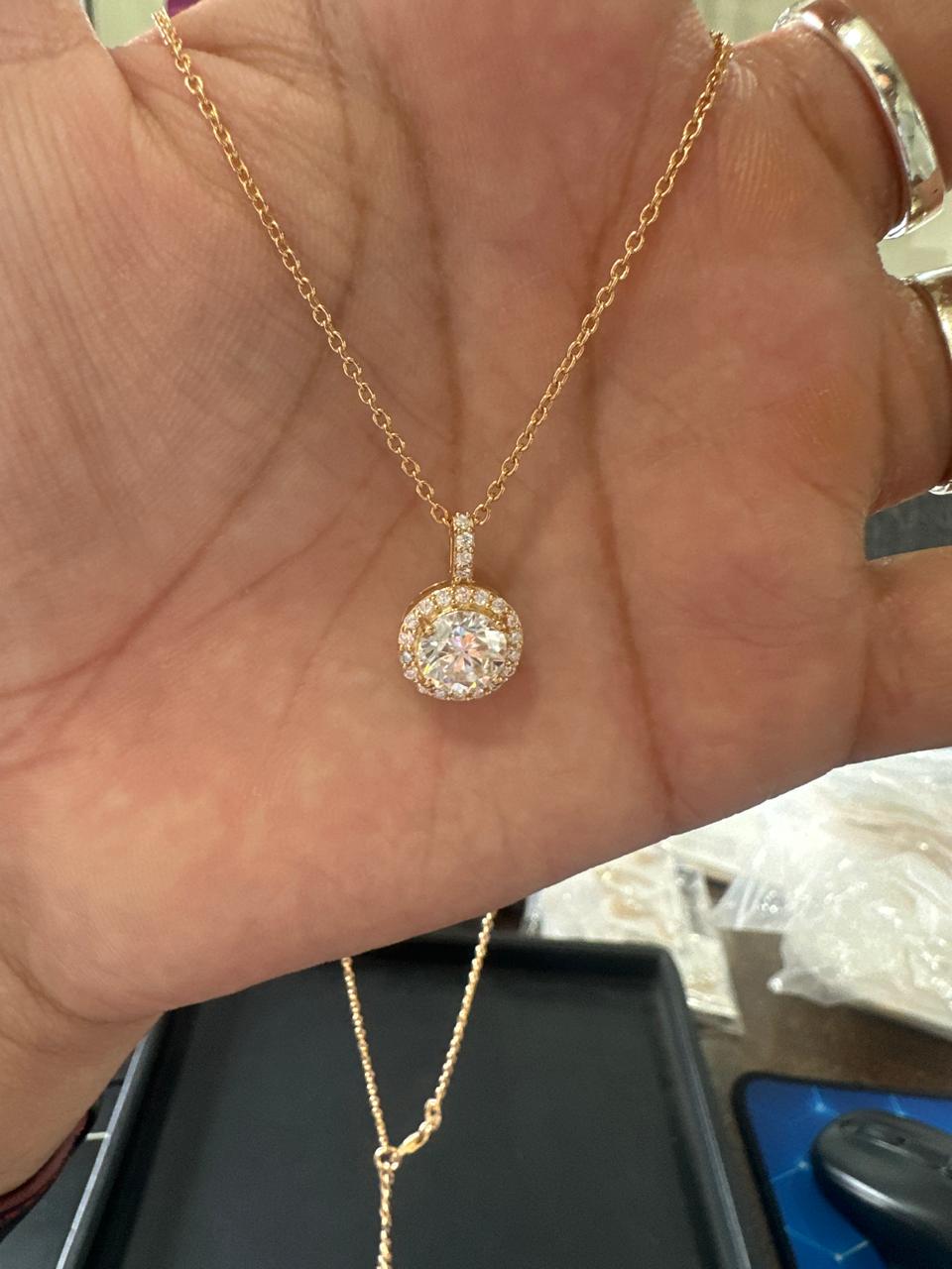 Round Cut Moissanite Halo Pendant, 14K Yellow Gold Vermeil, Vintage Style Necklace