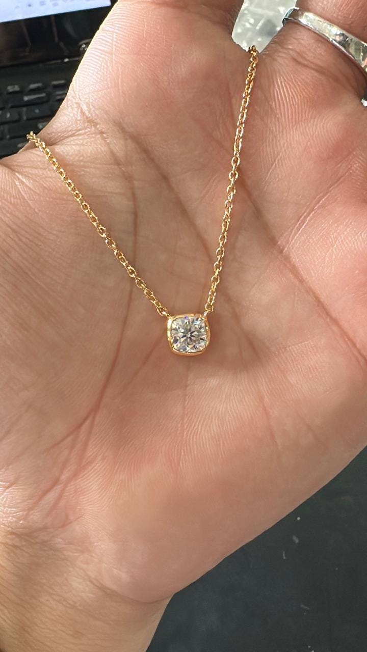 Moissanite Cushion Bezel Set Pendant Necklace: 14K Gold Vermeil, Romantic Jewelry