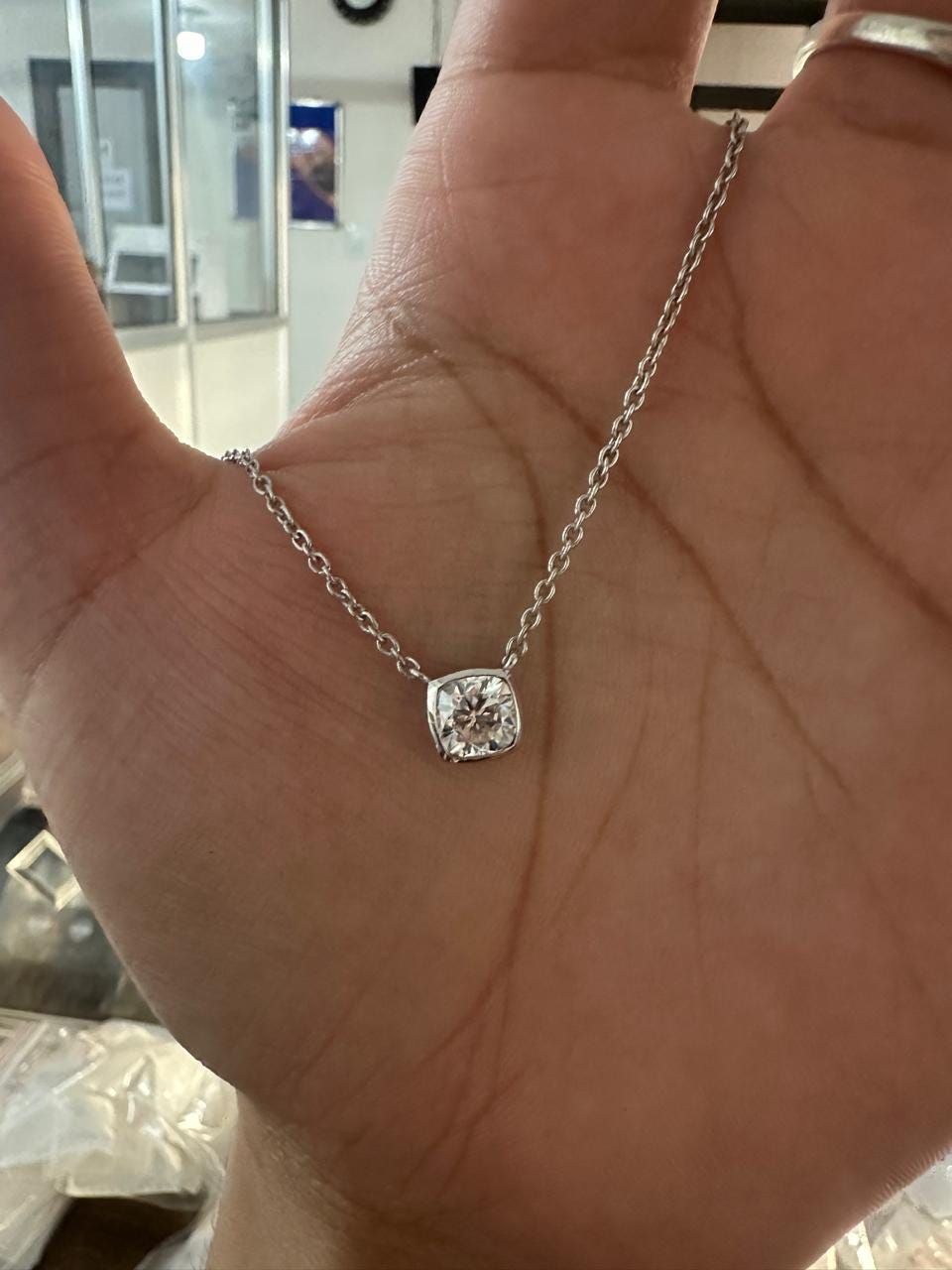 Moissanite Cushion Bezel Set Pendant Necklace: 14K Gold Vermeil, Romantic Jewelry