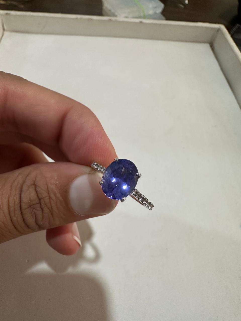 2.5 CT Oval Tanzanite Engagement Ring, 14K Gold Lab Diamond Pavé Band