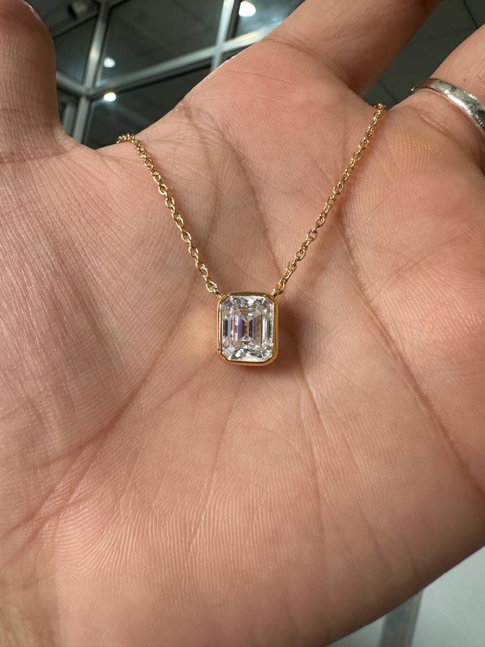 4 Ct Emerald Cut Moissanite Pendant Necklace, 14K Gold Vermeil Bezel Set