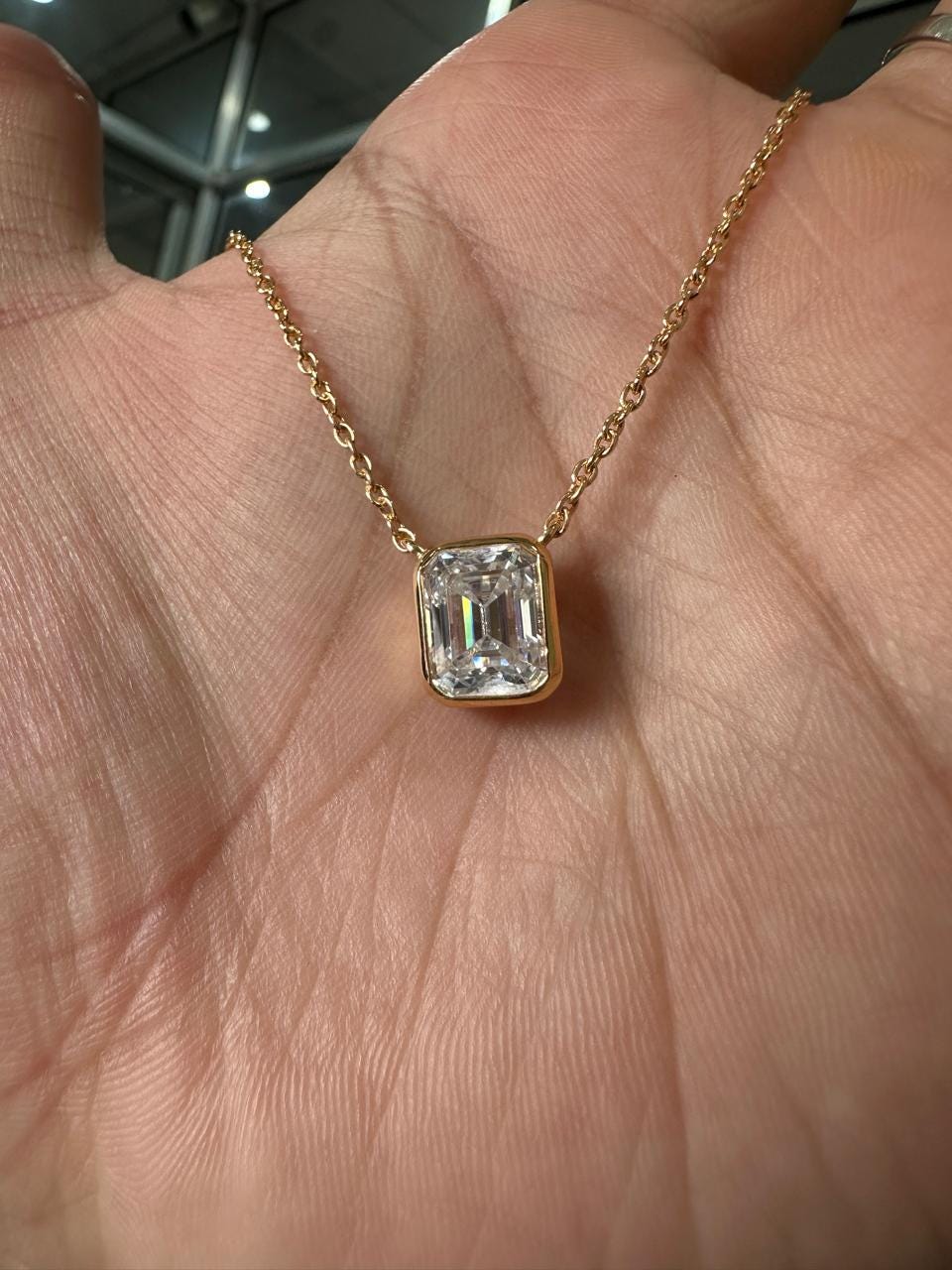 4 Ct Emerald Cut Moissanite Pendant Necklace, 14K Gold Vermeil Bezel Set
