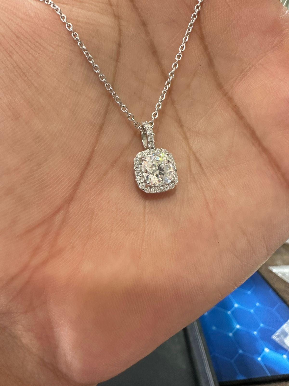 Cushion Cut Moissanite Halo Pendant Necklace | 925 Sterling Silver, Gift for her