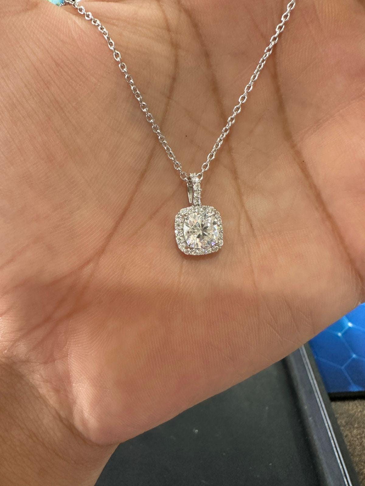 Cushion Cut Moissanite Halo Pendant Necklace | 925 Sterling Silver, Gift for her