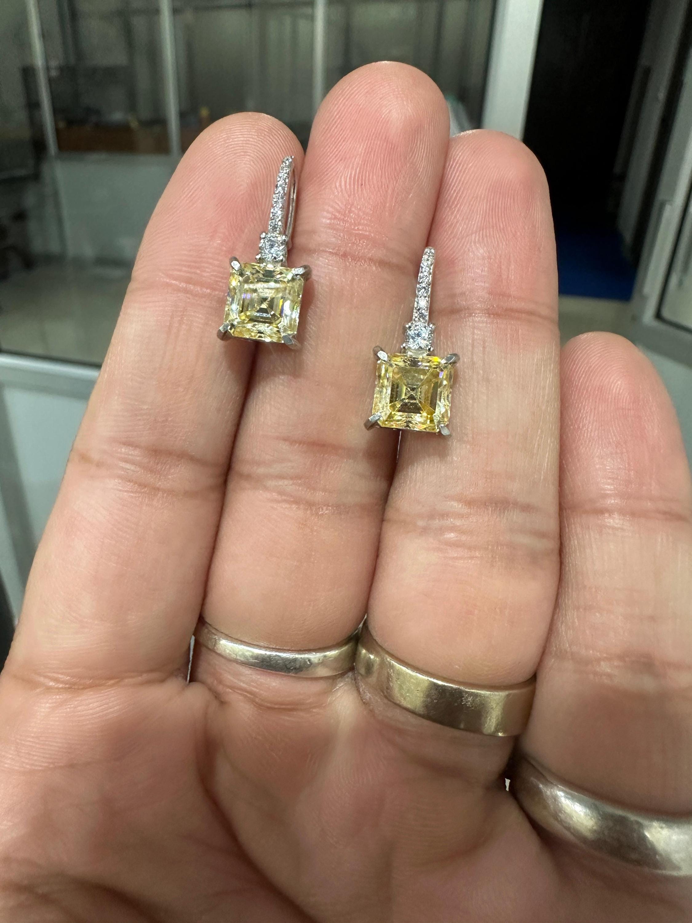 5 CT Yellow Moissanite Asscher Cut Drop Earrings | 14K White Gold, Diamond Accents