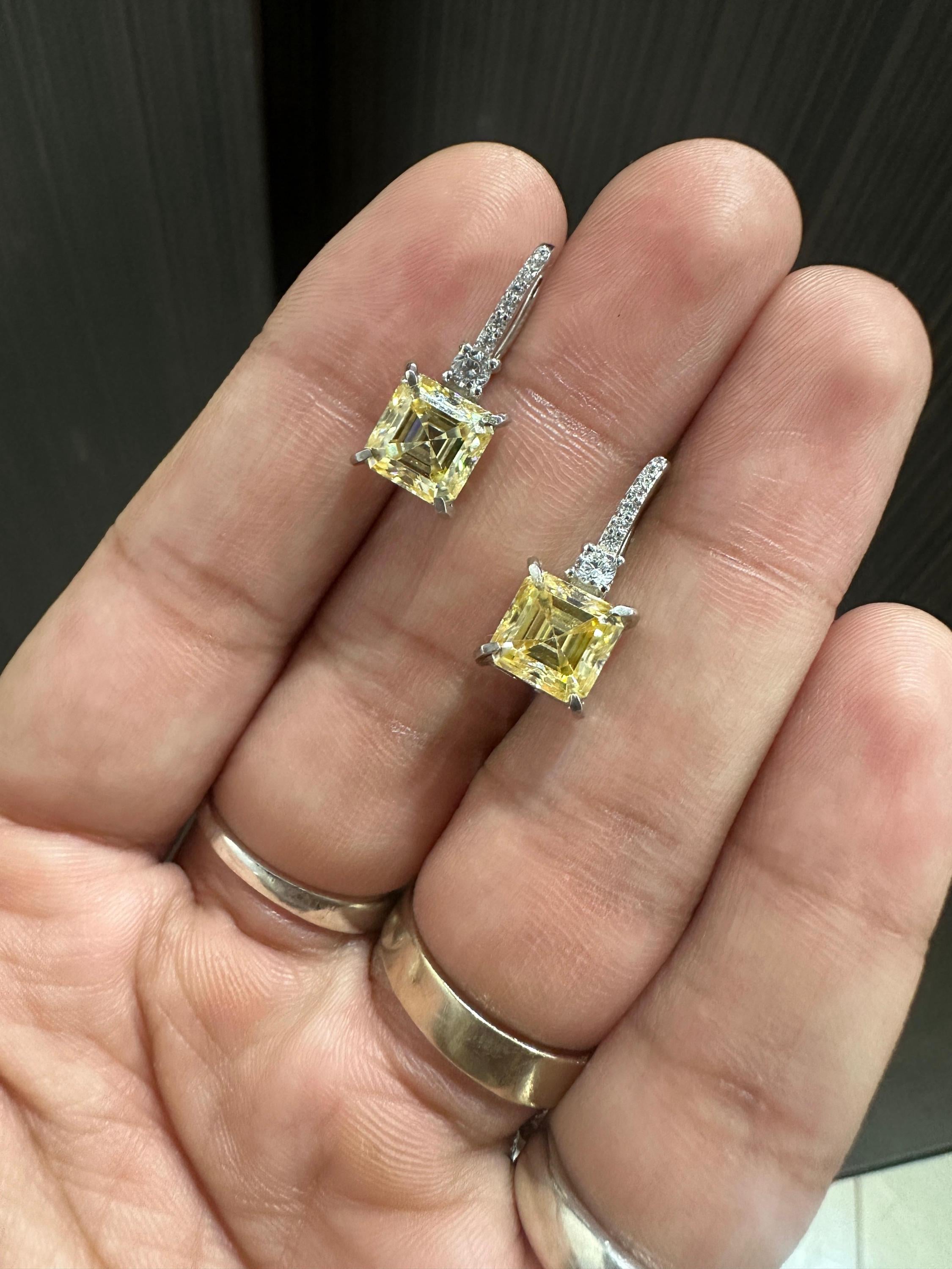 5 CT Yellow Moissanite Asscher Cut Drop Earrings | 14K White Gold, Diamond Accents