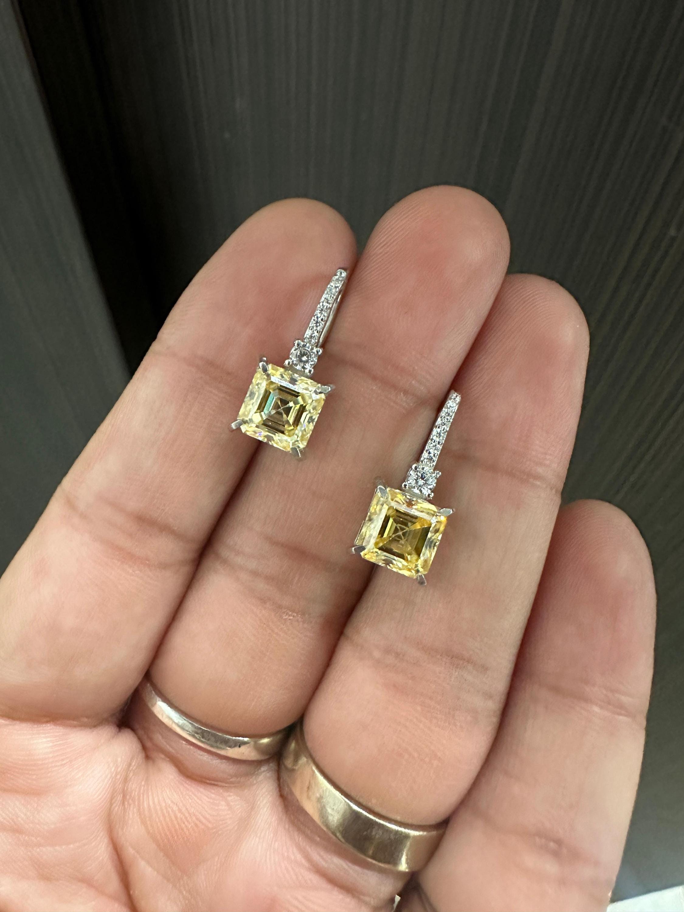 5 CT Yellow Moissanite Asscher Cut Drop Earrings | 14K White Gold, Diamond Accents