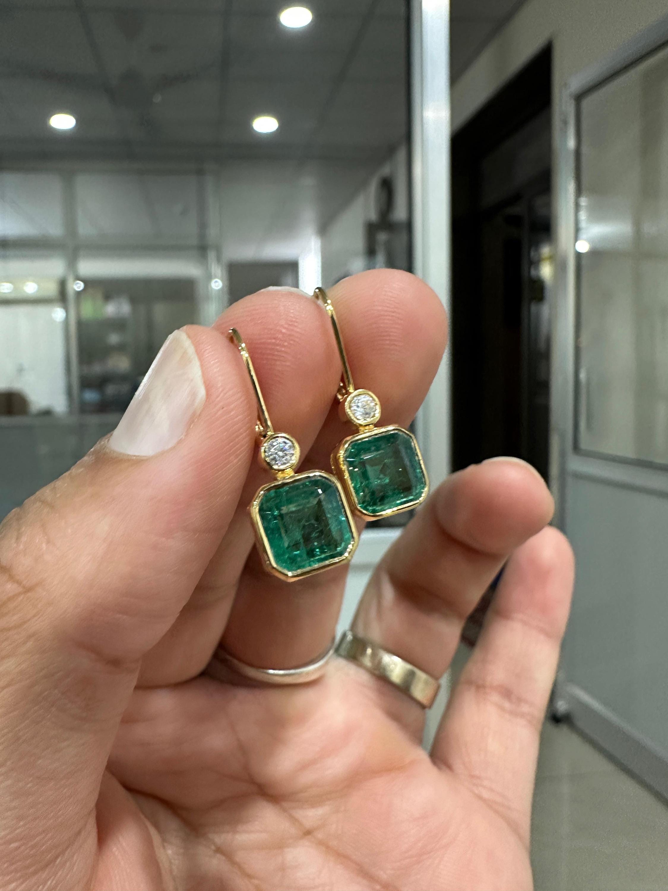 14K Gold Emerald Diamond Lever Back Earrings, Rare Gemstone Earrings