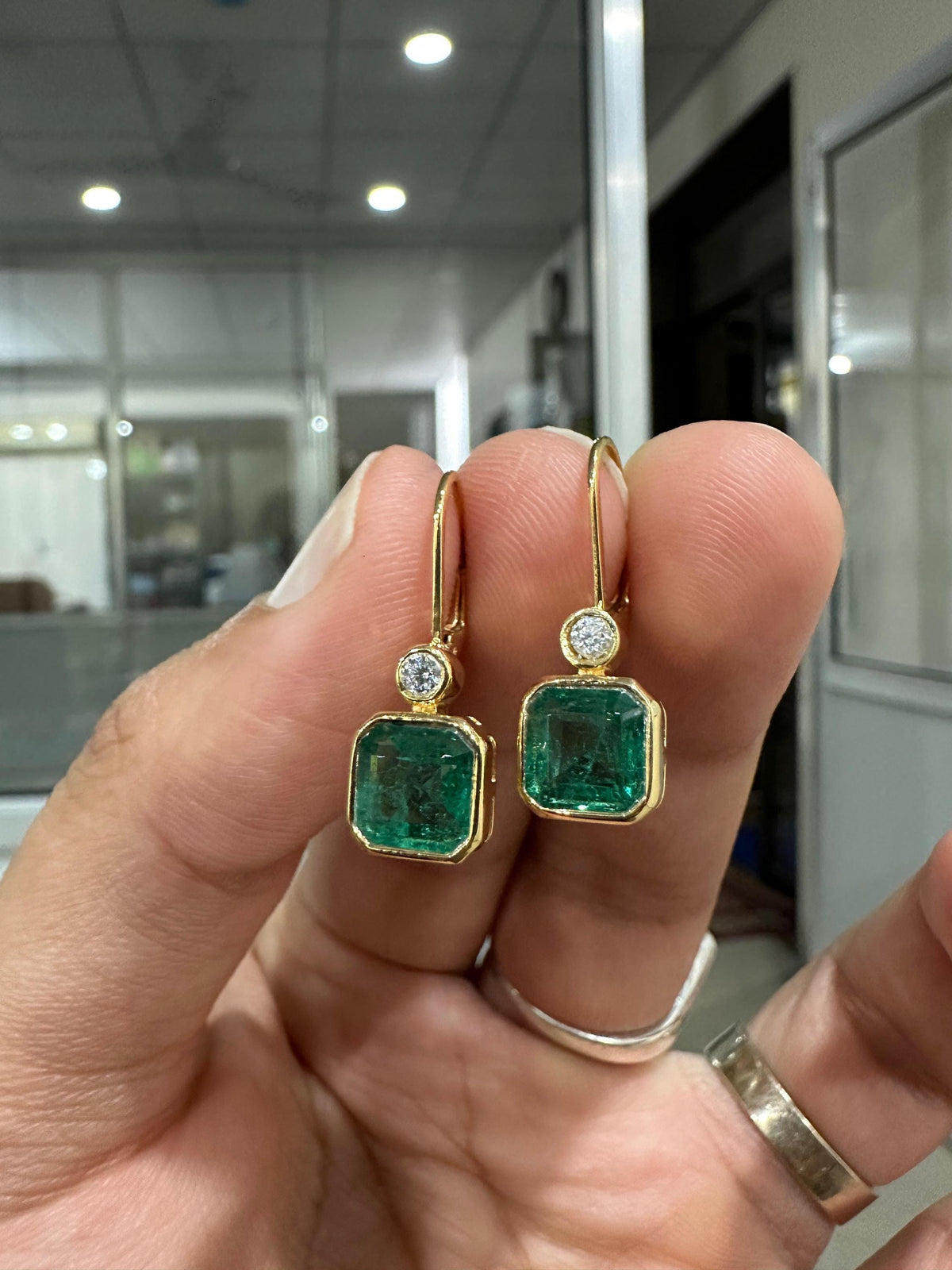 14K Gold Lab Emerald Diamond Earrings, Bezel Set Asscher Cut Lever Back Earrings