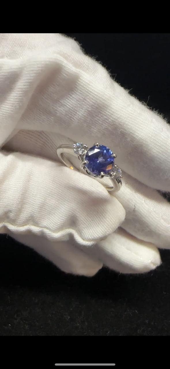 1 CT Round Tanzanite Engagement Ring, 14K White Gold Three Stone Moissanite Ring