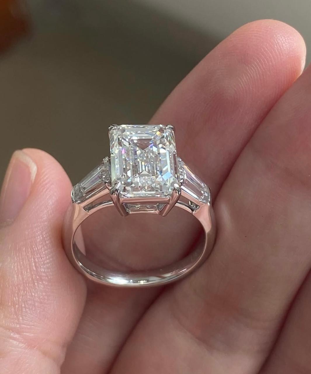 Emerald Cut Moissanite Engagement Ring: 14K White Gold Vermeil, Three Stone