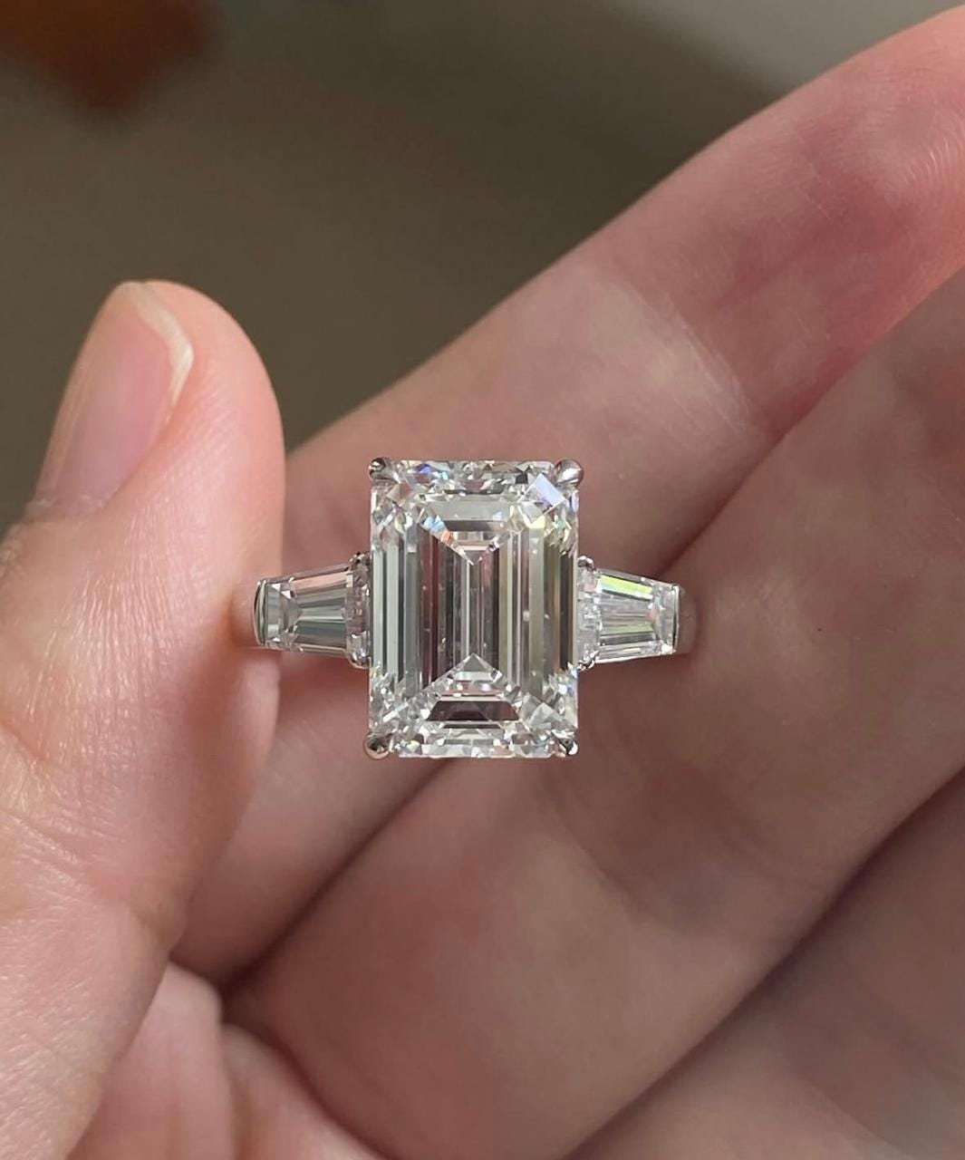 Emerald Cut Moissanite Engagement Ring: 14K White Gold Vermeil, Three Stone