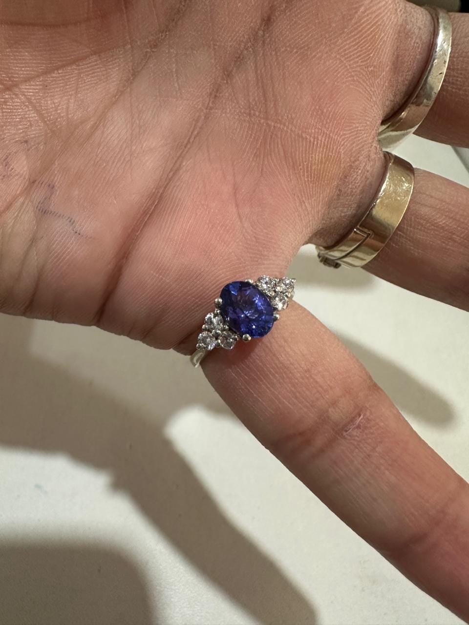 Oval Tanzanite Engagement Ring, 14K White Gold, Blue Purple Gemstone, Moissanite Accents