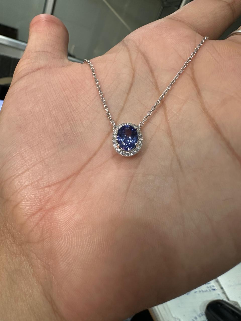 Natural Tanzanite Halo Pendant | 14k White Gold Moissanite Necklace