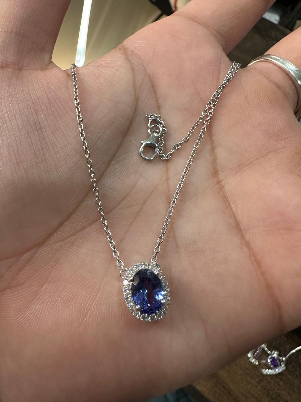 Natural Tanzanite Halo Pendant | 14k White Gold Moissanite Necklace
