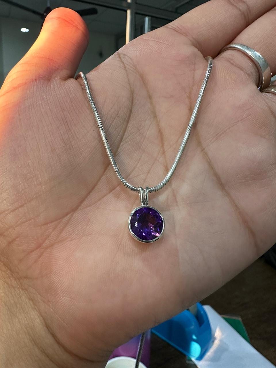 7CT Amethyst Bezel Set Pendant Necklace | 925 Silver | Snake Chain | Gift for him