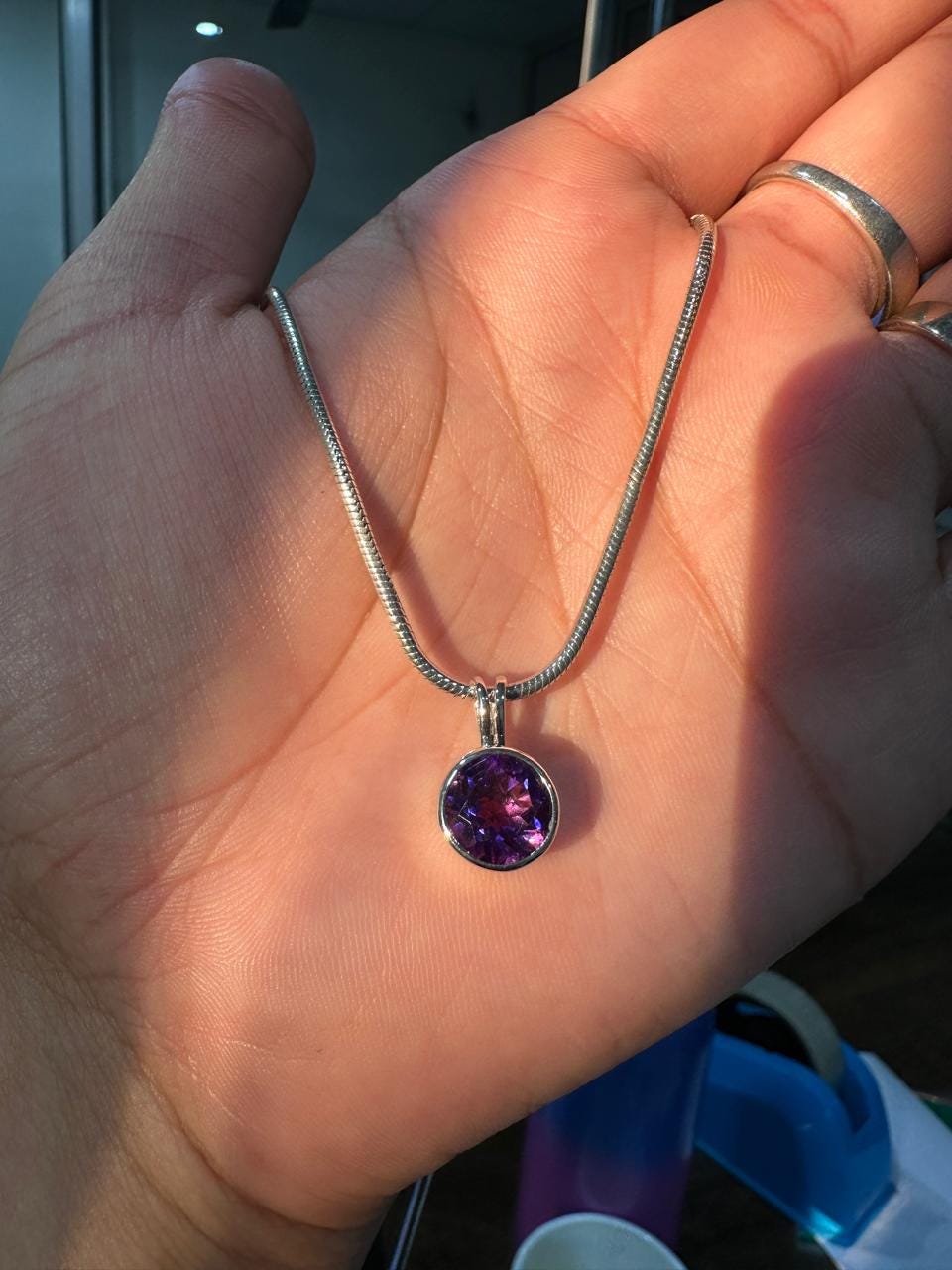 7CT Amethyst Bezel Set Pendant Necklace | 925 Silver | Snake Chain | Gift for him