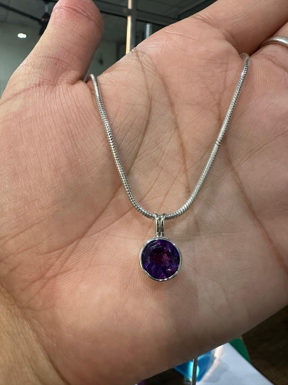 7CT Amethyst Bezel Set Pendant Necklace | 925 Silver | Snake Chain | Gift for him
