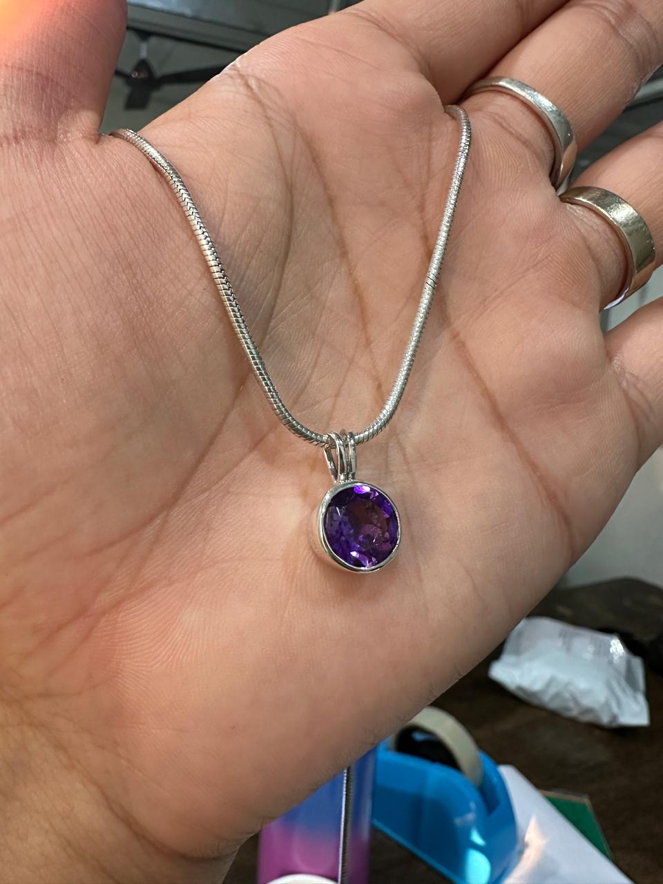 7CT Amethyst Bezel Set Pendant Necklace | 925 Silver | Snake Chain | Gift for him