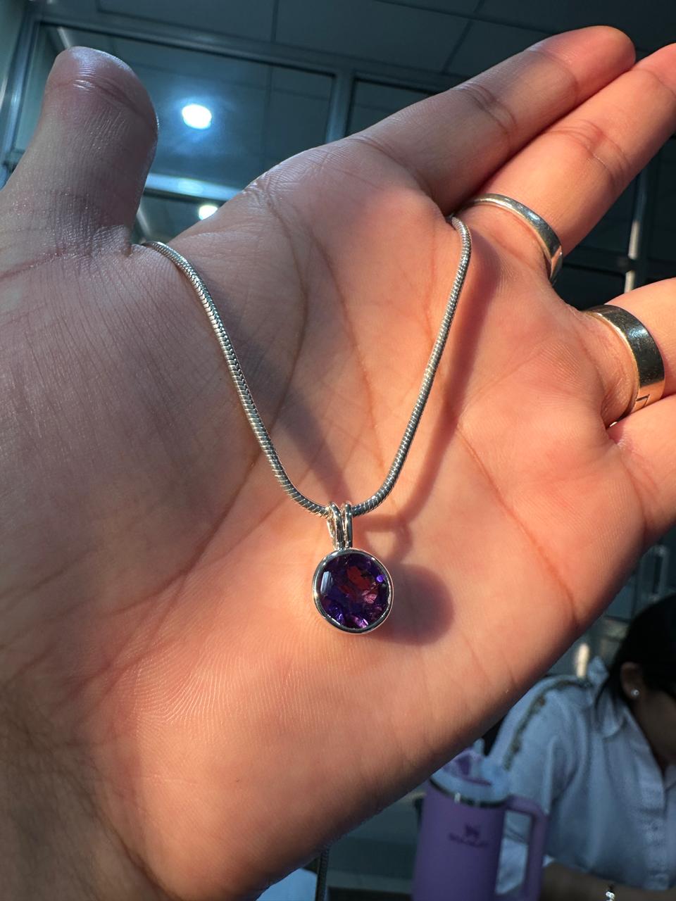 7CT Amethyst Bezel Set Pendant Necklace | 925 Silver | Snake Chain | Gift for him