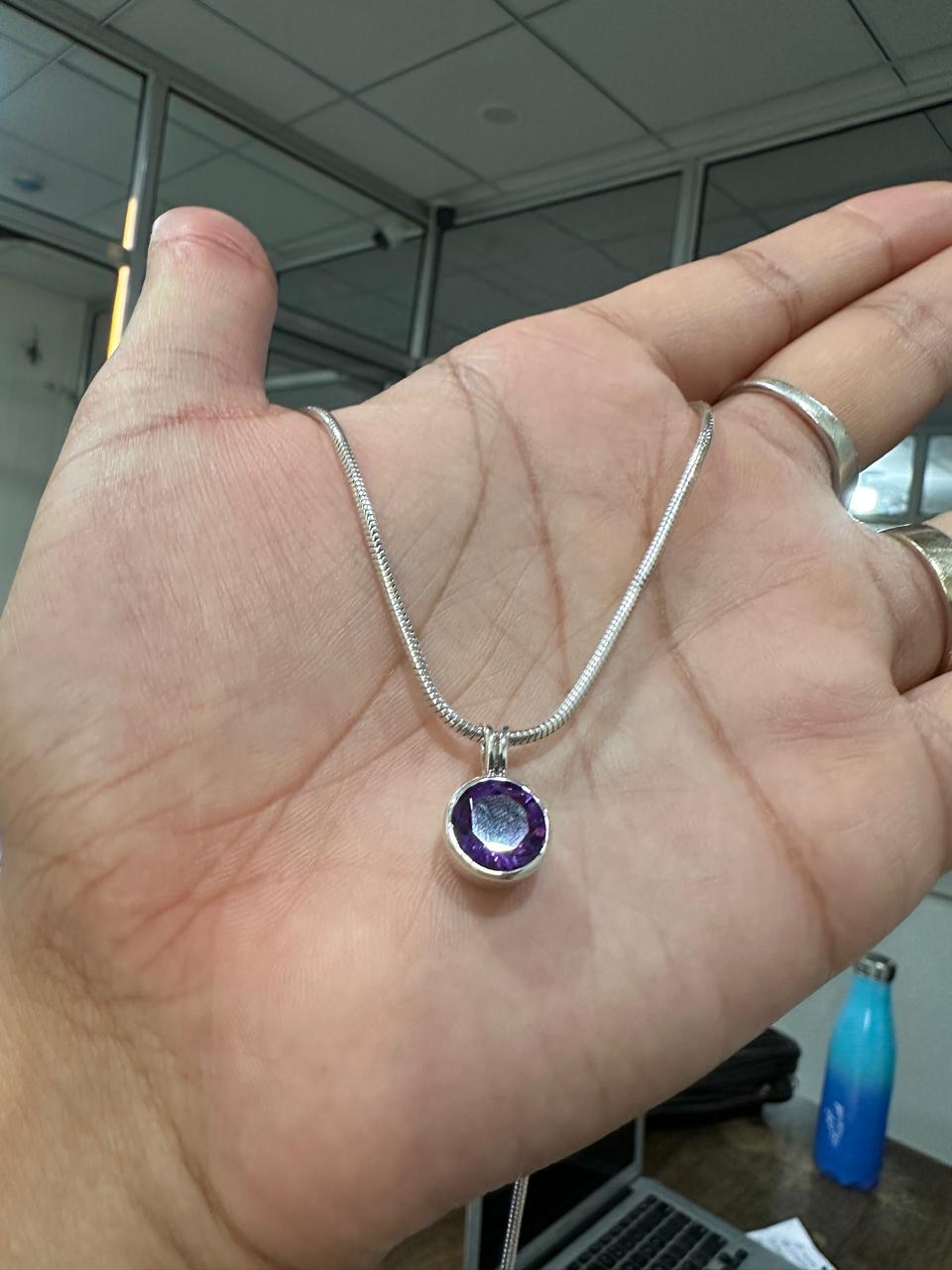 7CT Amethyst Bezel Set Pendant Necklace | 925 Silver | Snake Chain | Gift for him