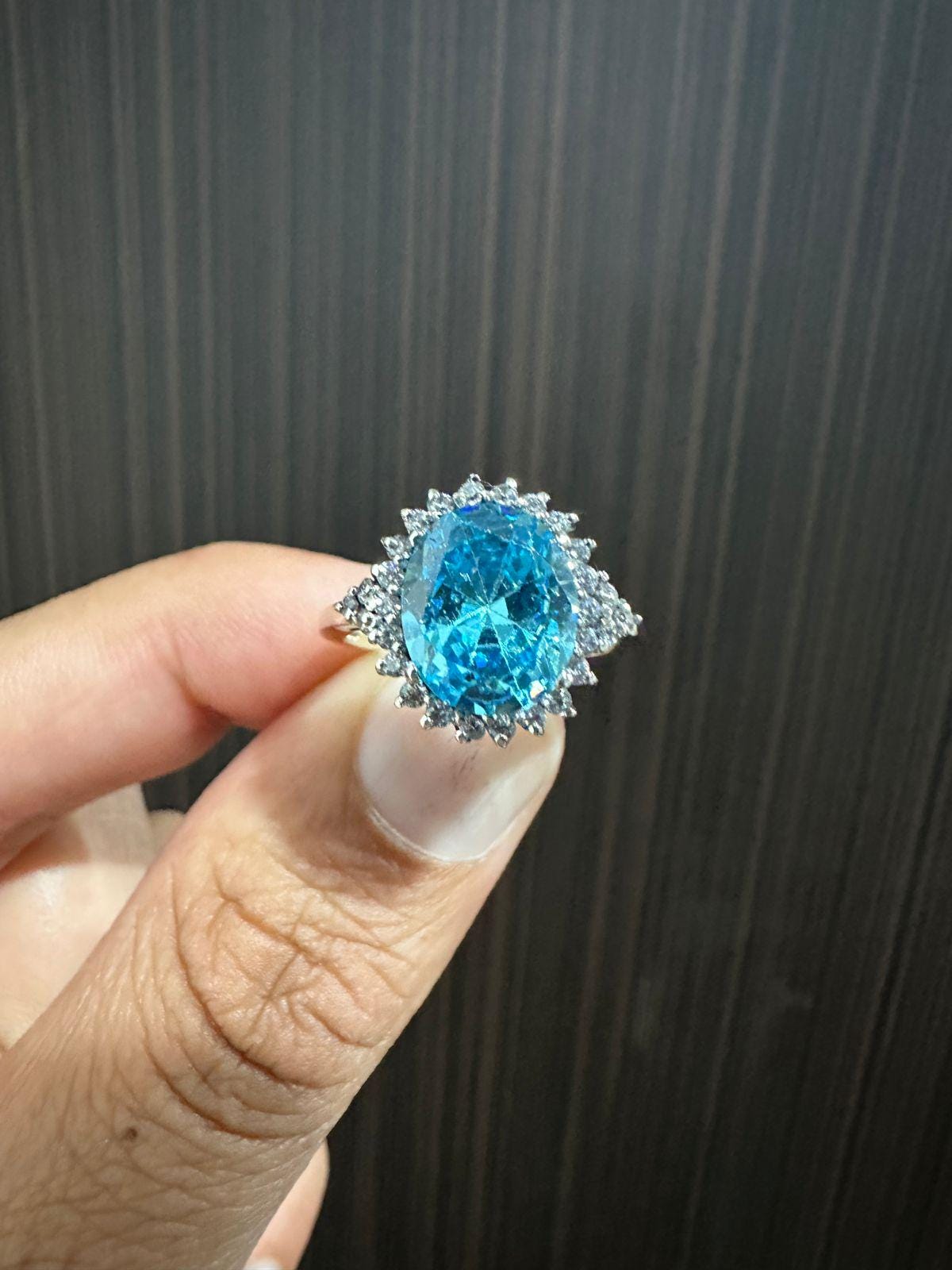 Ice Blue Oval Halo Ring, 925 Sterling Silver Statement Cocktail Ring for women
