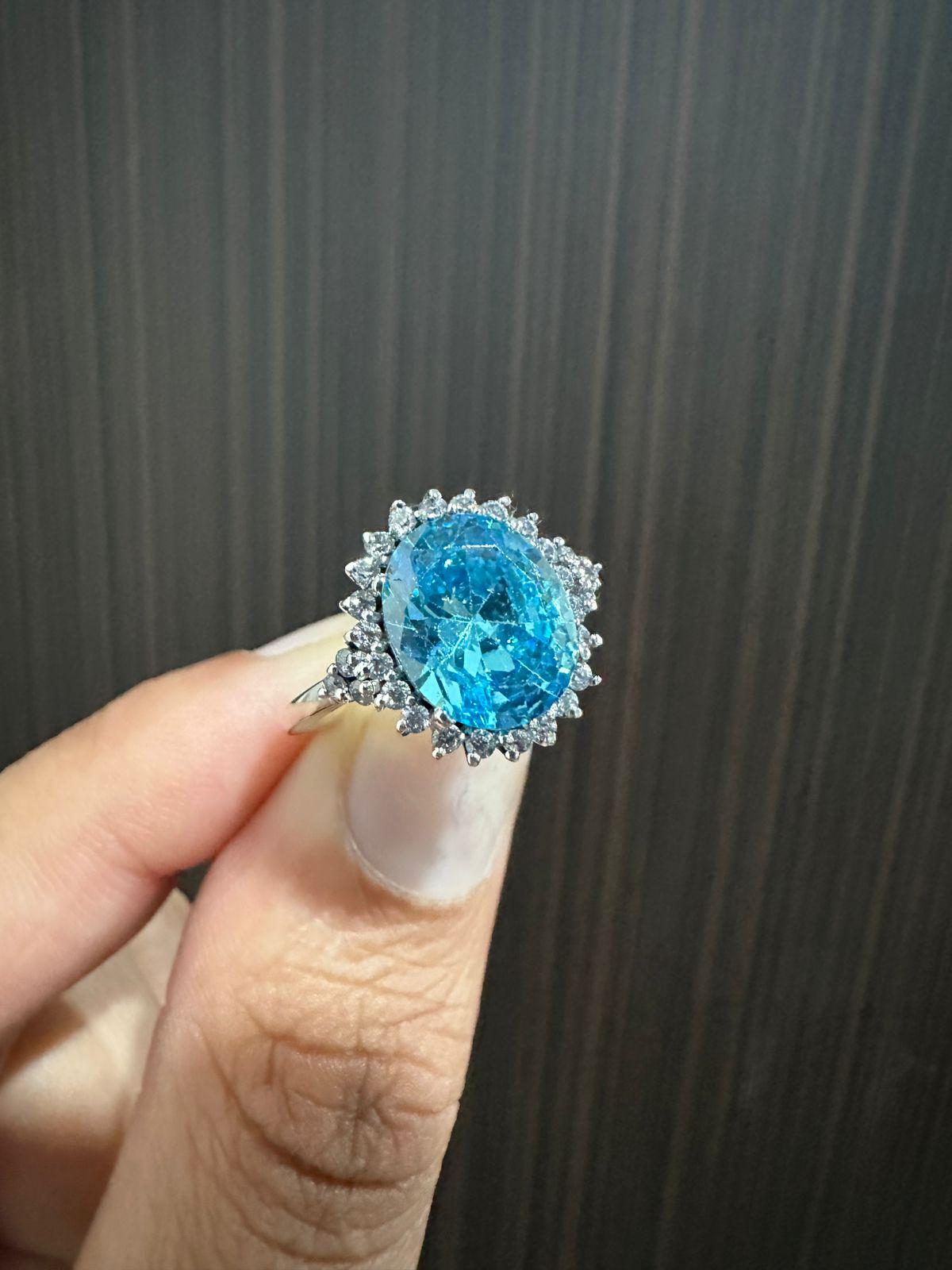 Ice Blue Oval Halo Ring, 925 Sterling Silver Statement Cocktail Ring for women