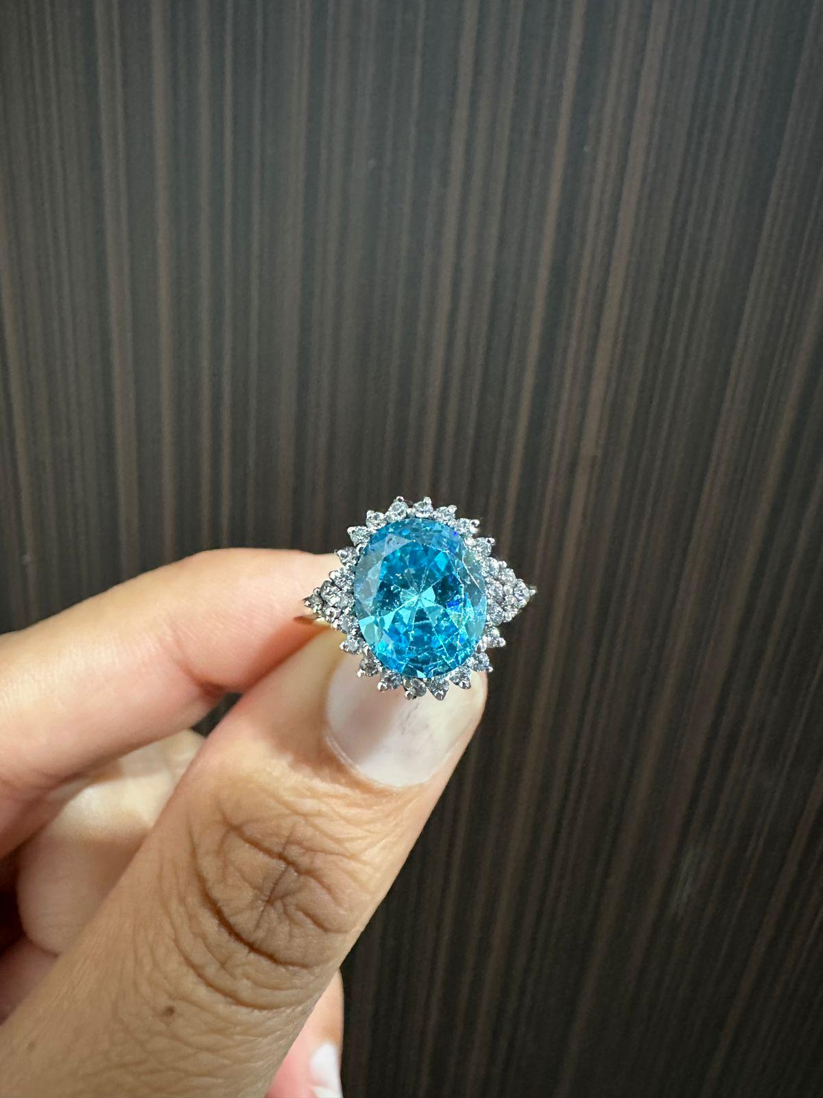 Ice Blue Oval Halo Ring, 925 Sterling Silver Statement Cocktail Ring for women